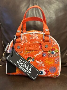 Von Dutch Orange Graphic Mini Satchel with White Trim